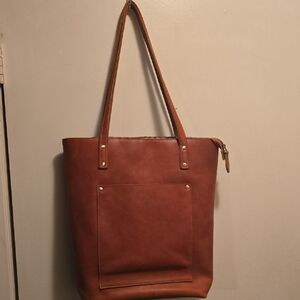 Classic Brown Leather S-Zone Tote Bag - Everyday Shoulder Tote